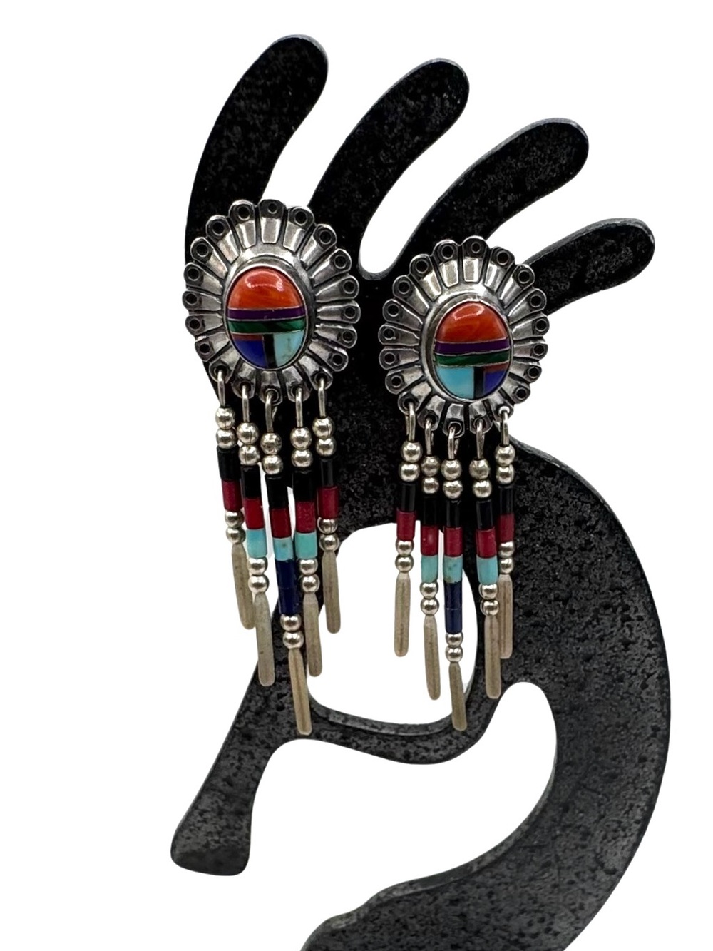 Quoc Southwest Sterling Silver Faux Multi Stone Inlay Concho Dangle Earrings